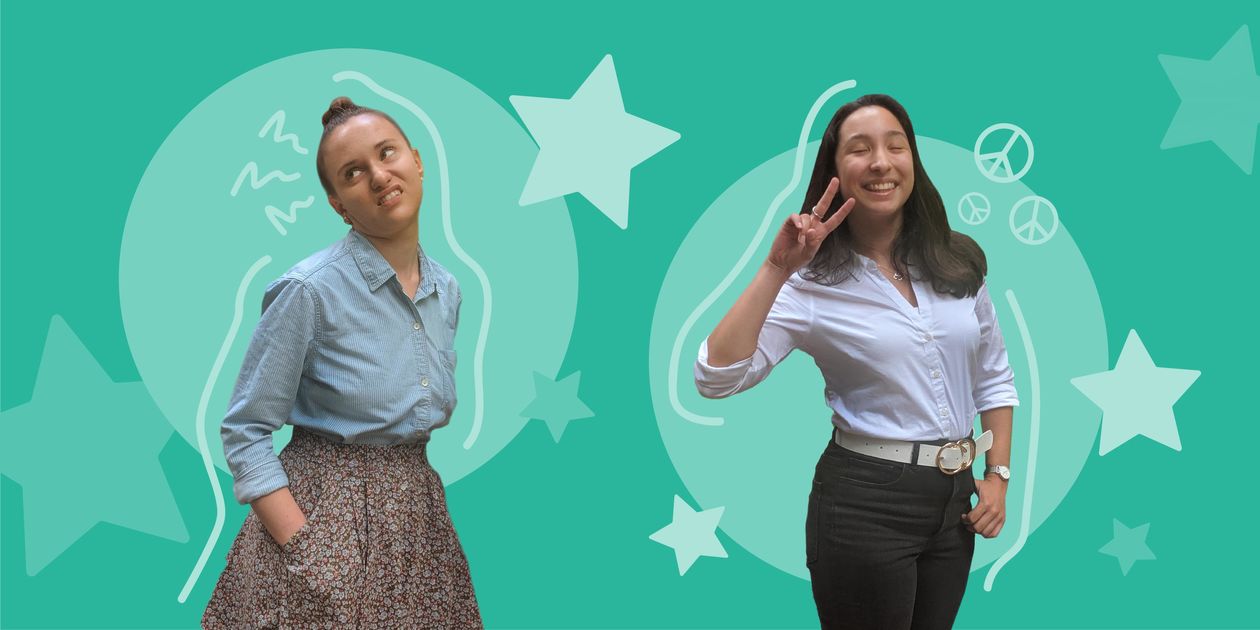 graphic of two women with a green background and stars
