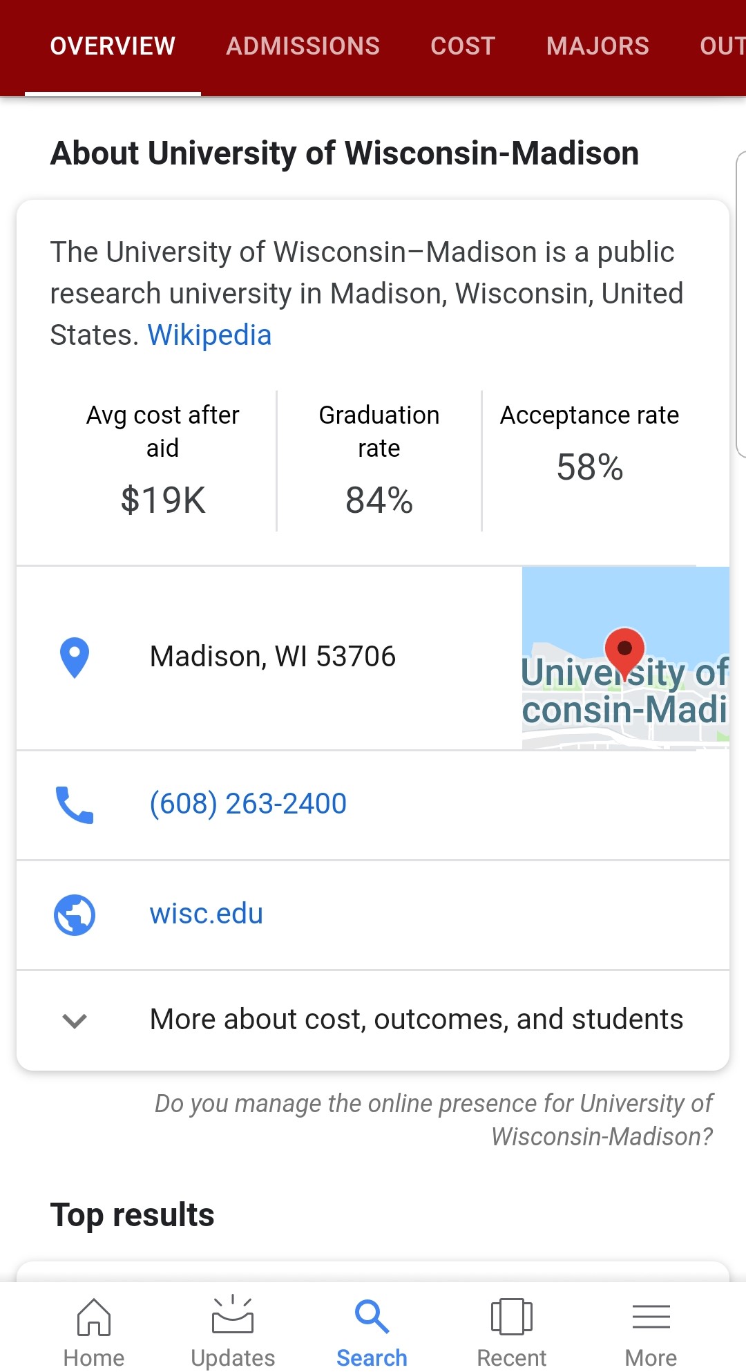 University of Wisconsin Featured Snippet