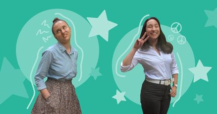 graphic of two women with a green background and stars